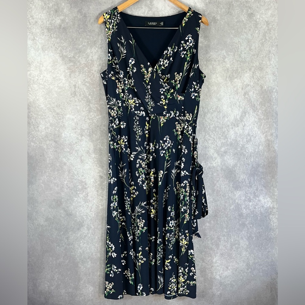 Ralph Lauren Midi Dress Womens 14 Blue Floral Black Label Sleeveless V-Neck Belt
